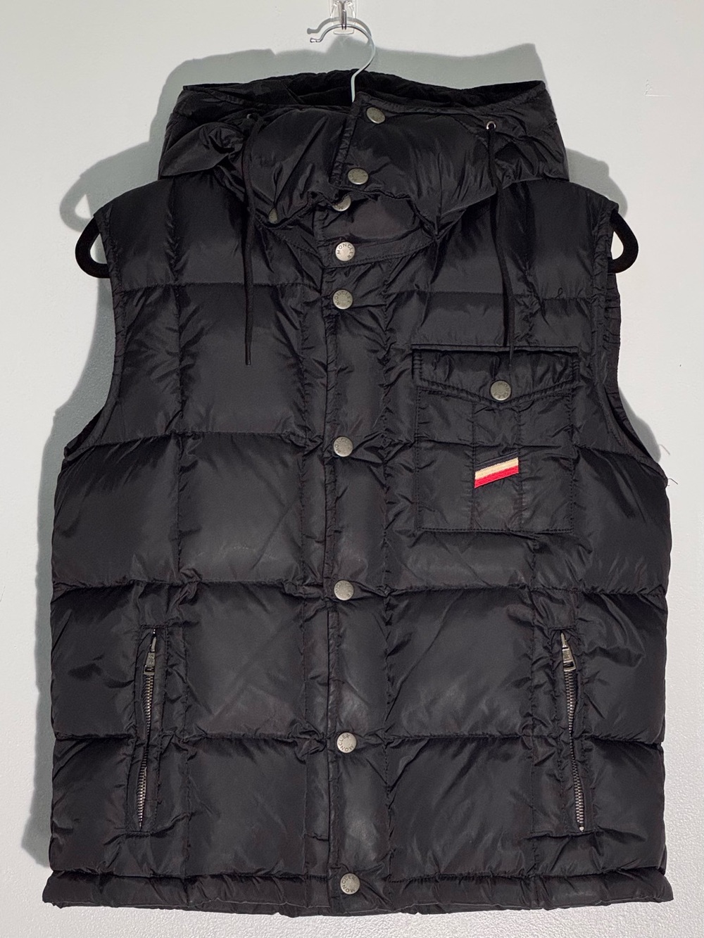 Moncler Black Down Puffer Hooded Vest Mens Small Utility Pocket Small